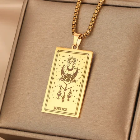 Vintage Moon Rose Flower Tarot Card Necklace Talisman Stainless Steel Libra Justice Necklace for Women Men Sun Amulet Jewelry