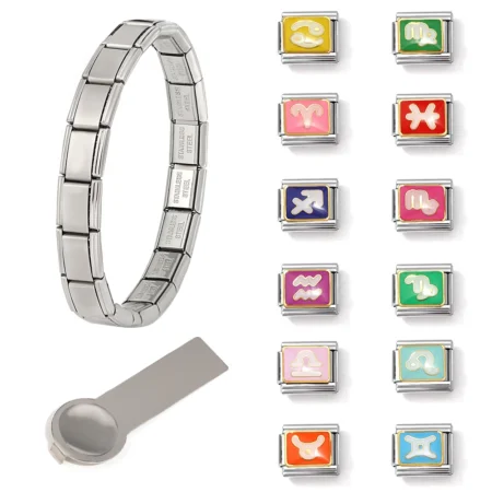 AENSOA Fashion Constellation Beads Italian Charm Links 9mm Bracelet Stainless Steel Aquarius Leo Aries DIY Jewelry Accessories