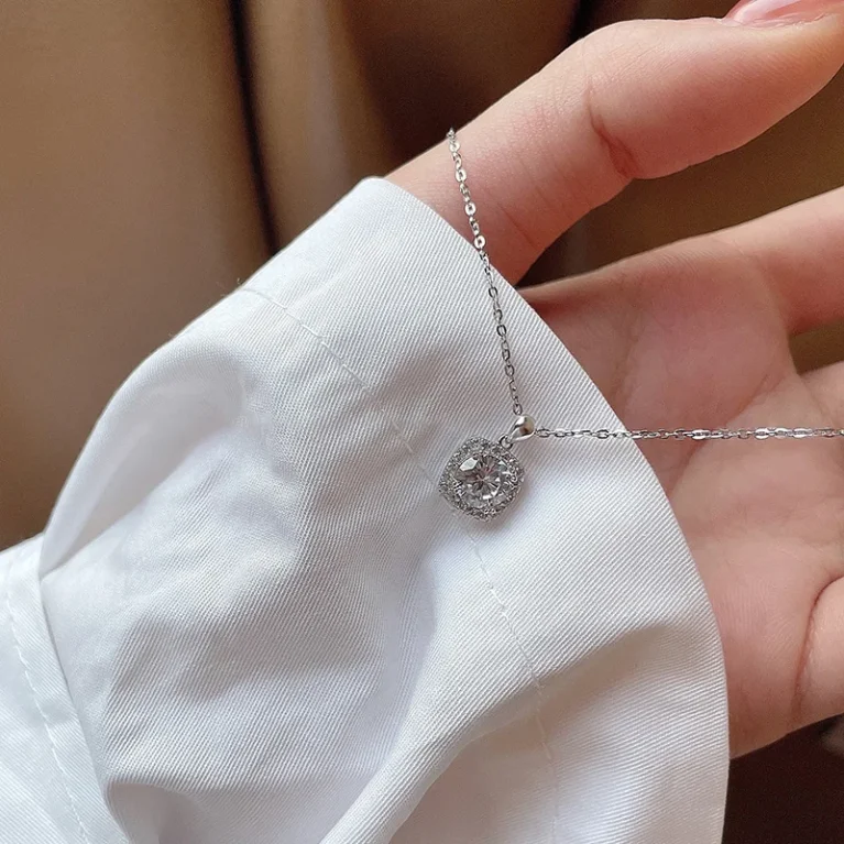 Popular 925 Sterling Silver Square Necklace Shiny Zircon Geometric Shape Pendant Simple Charm Women Choker Day Gift Fine Jewelry