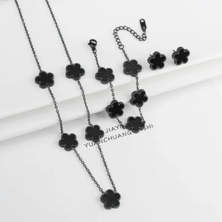 Classic Luxury Five Leaf Flower Jewelry Set High Quality Stainless Steel Bracelet Necklace Earrings Fashion Woman Clover Gift