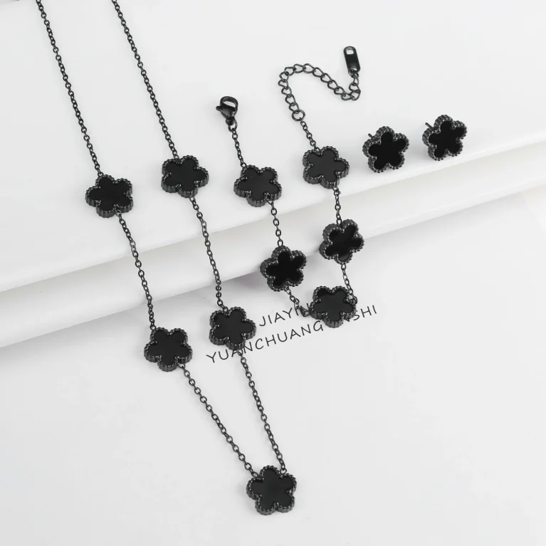 Classic Luxury Five Leaf Flower Jewelry Set High Quality Stainless Steel Bracelet Necklace Earrings Fashion Woman Clover Gift