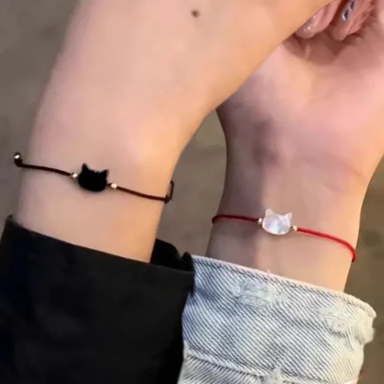 1/2pcs Couple Cat Obsidian Bracelet Lover Natural Moonstone Charms Black Red Handmade Rope Bracelets Best Friends Jewelry Gifts