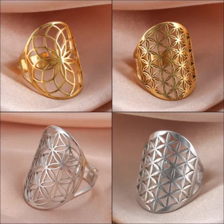 COOLTIME Flower of Life Rings for Women Stainless Steel Protection and Blessings Open Finger Ring Fashion Jewelry Gift Wholesale