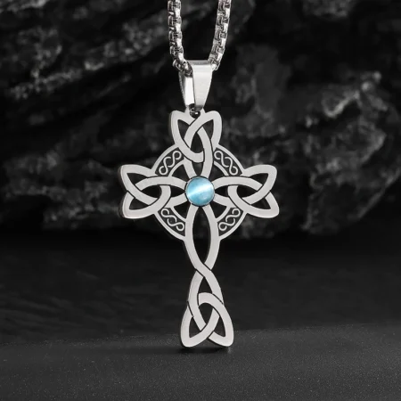Stainless Steel Celtic Knot Cross Power Stone Pendant Necklace for Women Men Irish Witch Knot Lucky Jewelry Gift