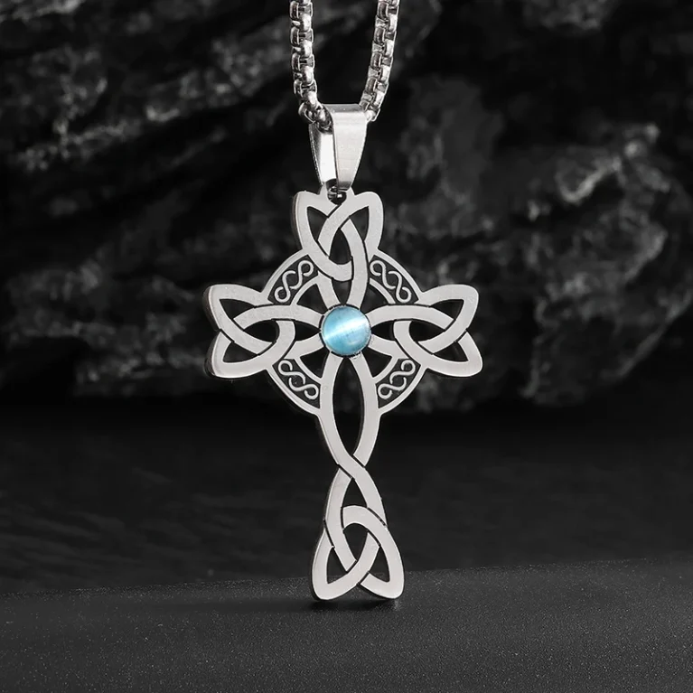 Stainless Steel Celtic Knot Cross Power Stone Pendant Necklace for Women Men Irish Witch Knot Lucky Jewelry Gift