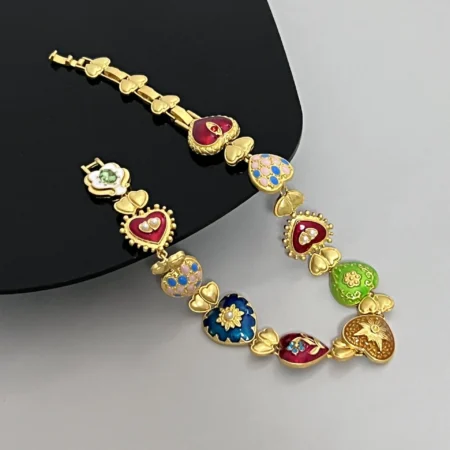 Retro Colorful Love Heart Style Necklace Flower Collar Chain Female Necklace Bracelet Earings Set