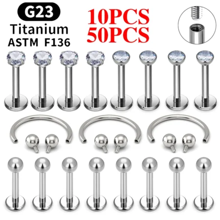 10/50PCS G23 Titanium Piercing Labret Lip Studs 16G CZ Internally Threaded Nose Septum Ring Eyebrow Tragus Cartilage Jewelry