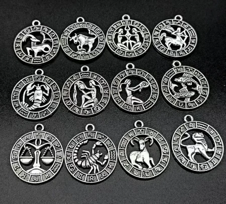12pc Silver Color 24x21mm Twelve Constellations Charms Zodiac Pendant For DIY Handmade Metal Astrology Jewelry Making Accessorie