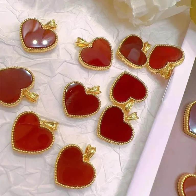 Real 18K Gold Heart Pendant Necklace Natural Agate Pendant Pure AU750 Chain Fine Jewelry Gift for Women