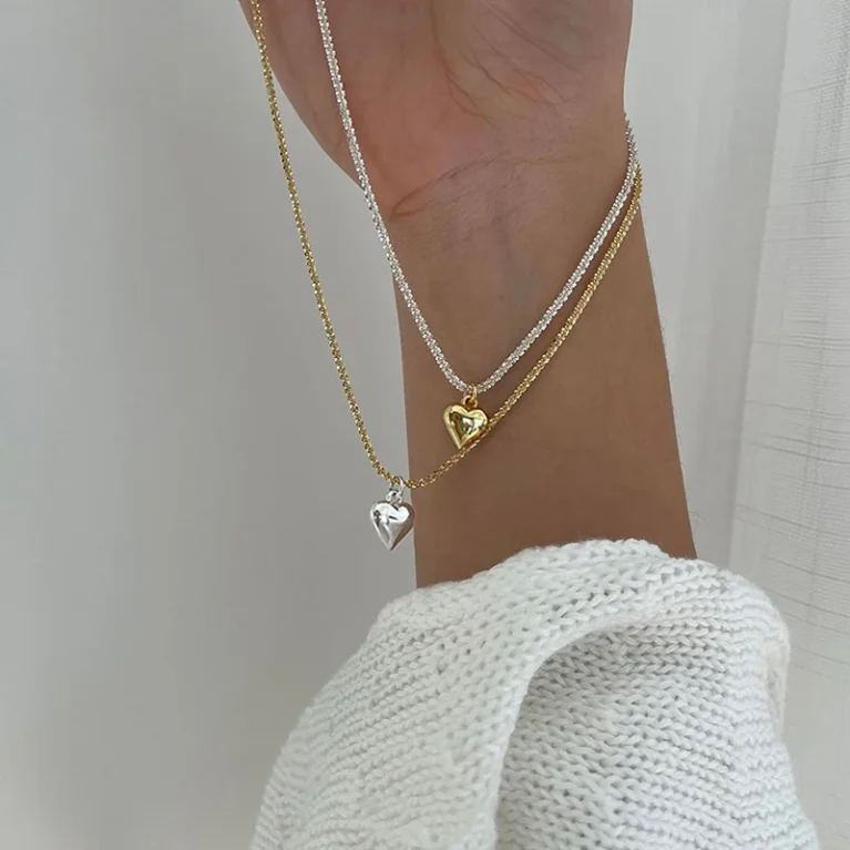 New 925 Sterling Silver Clash with Heart Necklace Heart Pendant Simple Choker Birthday Party Gift Women's Jewelry