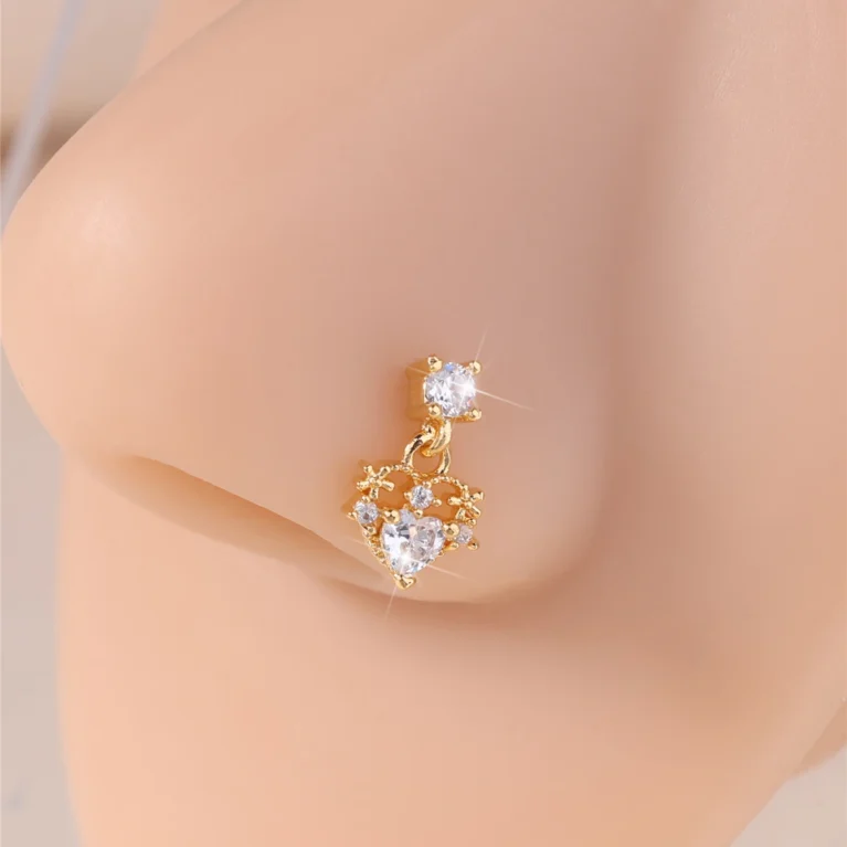 Thin Dangle Nose Studs Mini Pink CZ Heart Charm Dangle Nose Bone for Women Girl Cute Nose Piercing Jewelry Nostril Jewelry 24G