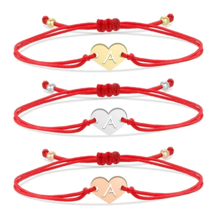 Real Gold-Plated Stainless Steel Love Peach Heart Initial Letter Alphabet A-Z Charm Bracelet Women Red Black String Jewelry Gift