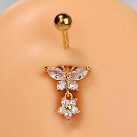 1PC Stainless Steel Fashion Shiny Butterfly Flower Zircon Pendant Belly Button Ring Beautiful Navel Piercing Sexy Body Jewelry