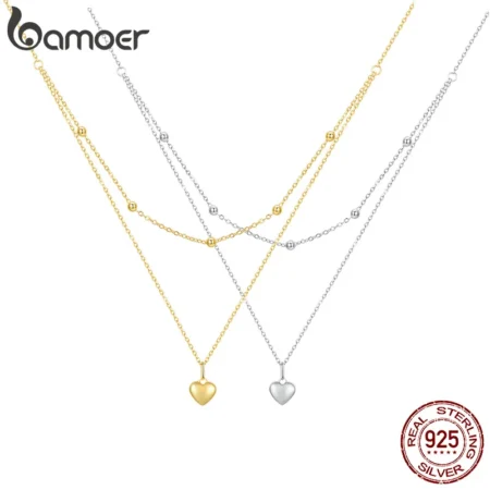 BAMOER 925 Sterling Silver Heart Pendant Necklace for Women Gold Double Layer Choker Female Fine Jewelry BSN168