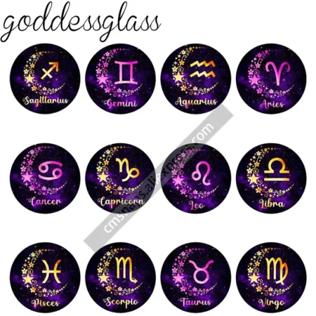 Zodiac Sign 12 Constellation Moon&Stars 12pcs 12mm/18mm/20mm/25mm Round photo glass cabochon demo flat back Making findings