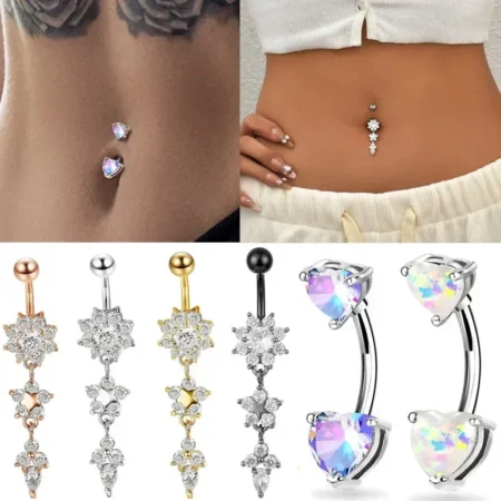 Alloy Zircon Navel Nail Ring Crystal Bar Barbell Drop Flower Dangle Body Piercing Belly Button Rings Men Women Body Jewelry Gift