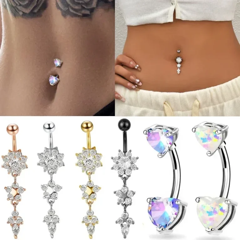 Alloy Zircon Navel Nail Ring Crystal Bar Barbell Drop Flower Dangle Body Piercing Belly Button Rings Men Women Body Jewelry Gift