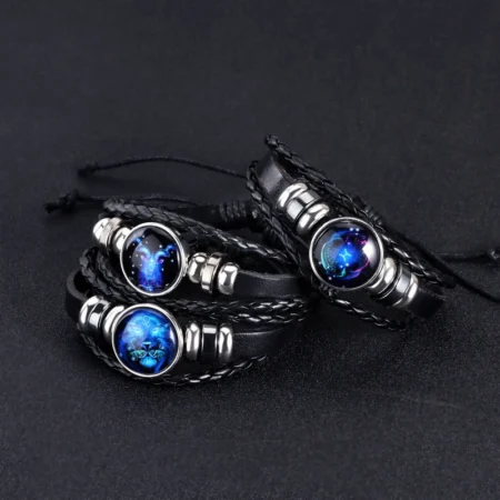 12 Constellation Zodiac Sign Black Braided Leather Bracelet Cancer Leo Virgo Libra Woven Glass Dome Jewelry Punk Men Bracelet