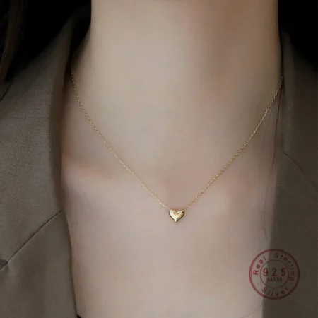925 Sterling Silver Glossy Heart Pendant Necklace Women Plated 14K Gold Fashion Temperament Anniversary Jewelry