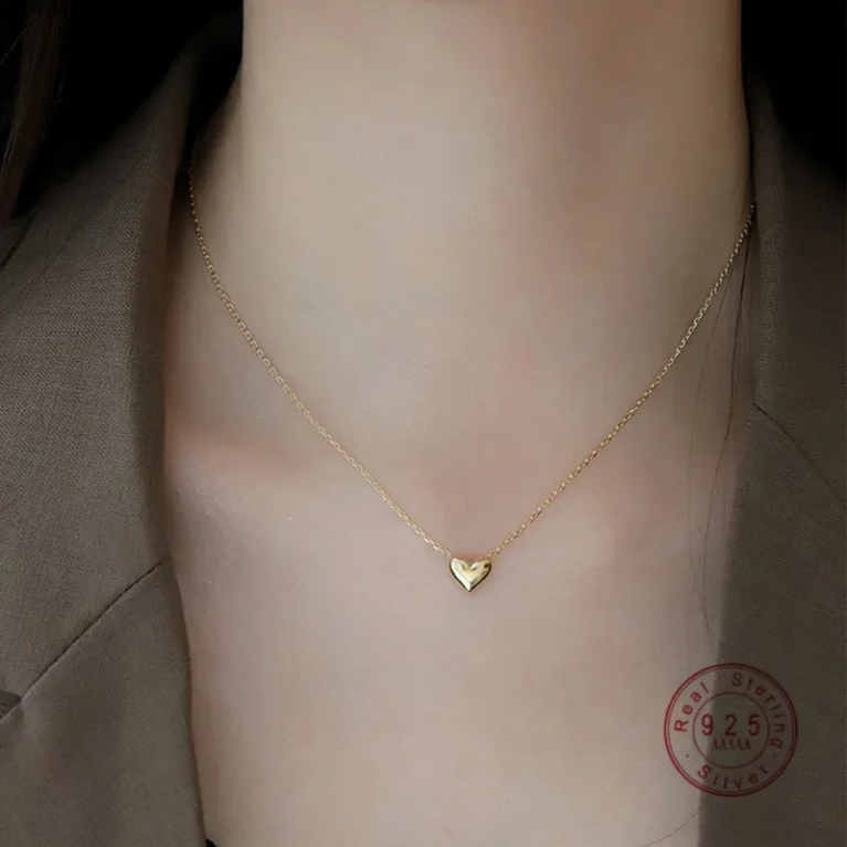 925 Sterling Silver Glossy Heart Pendant Necklace Women Plated 14K Gold Fashion Temperament Anniversary Jewelry