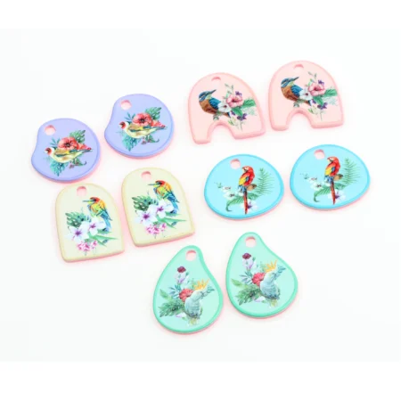 6pcs Printed Acrylic Charms,Geometry Flat Pendant,Bird Pattern Earring Parts,Earrings Findings,Jewelry Supplie ,ACL325-329