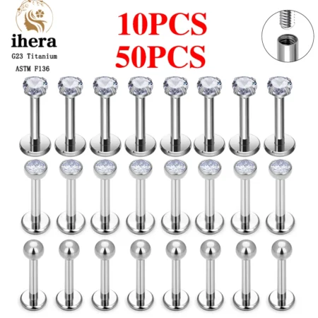 10/50PCS G23 Titanium Piercing Labret Lip Studs 16G CZ Internally Threaded Stud Earring Lip Ring Tragus Cartilage Helix Jewelry