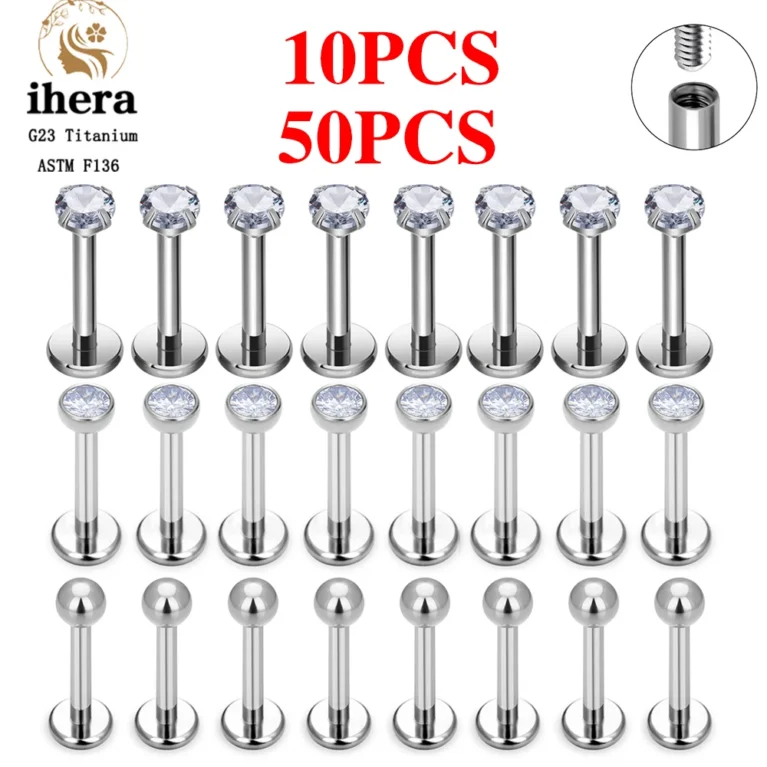 10/50PCS G23 Titanium Piercing Labret Lip Studs 16G CZ Internally Threaded Stud Earring Lip Ring Tragus Cartilage Helix Jewelry