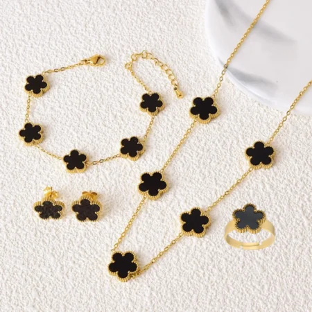 Fashion classic stainless steel five-leaf flower jewelry set bracelet necklace earrings ring women daily wear jewelry clover