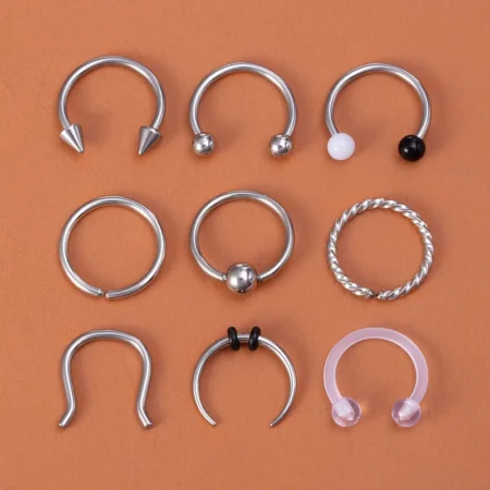 9pcs Hoop Nose Ring Septum Piercing Set Silver Color Surgical Steel Cartilage Earring Tragus Helix Circular BCR Ear Body Jewelry