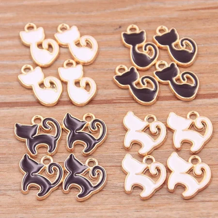 30Pcs Alloy Metal KC Gold Color Drop Oil White Black Small Cat Charms Animal Pendant For DIY Bracelet Necklace Jewelry Making