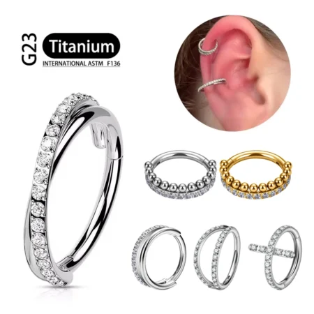 G23 16G Titanium CZ Row Conch Nose Ring Cartilage Hoop Daith Tragus Helix Lobe Earring Hinged Segment Clicker Piercing Jewelry