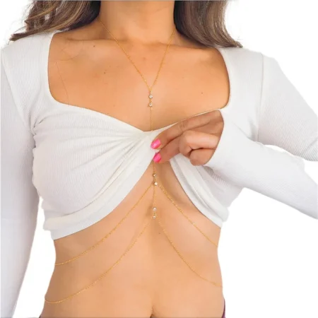 Women Body Chain Metal Scallop Pendant Rhinestone Multilayer Body Waist Chain Shiny Sexy Chest Bra Chain Beach Bikini Necklace