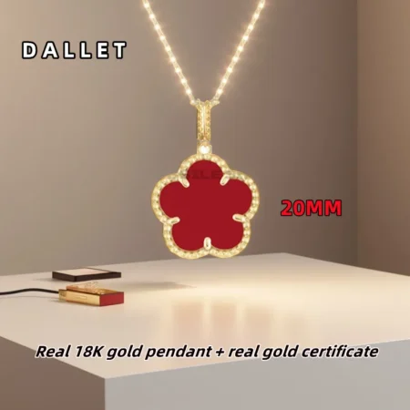 DALLET Real 18K Gold Necklace Pendant Women's New Five Petal Flower Natural Stone Fine Jewelry 20mm Fashion Simple Clover AU750