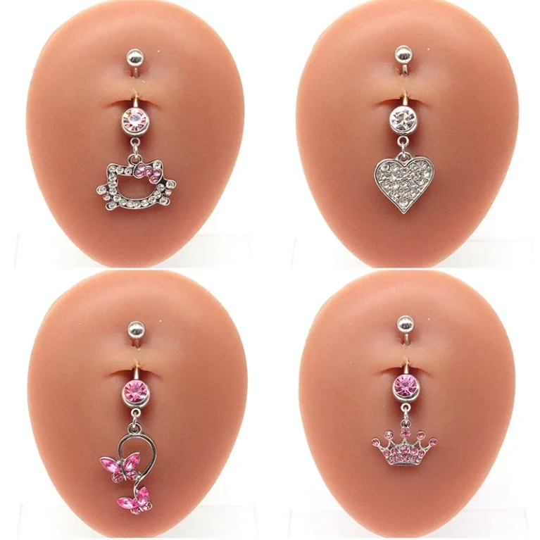 Sweet Butterfly Crown Heart Drop Belly Button Pink White Crystal Stone Hellokitty Dangle Navel Button Women's Piercing Jewelry