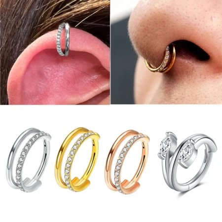 16G Stainless Steel CZ Row Conch Nose Ring Cartilage Hoop Tragus Helix Lobe Earring Hinged Segment Clicker Piercing Jewelry