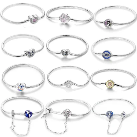 925 Sterling Silver 17-20cm Charms Bracelets Pink Heart Buttefly Daisy Clasp Snake Chain Origina Bangle For Womenl Jewelry Gifts