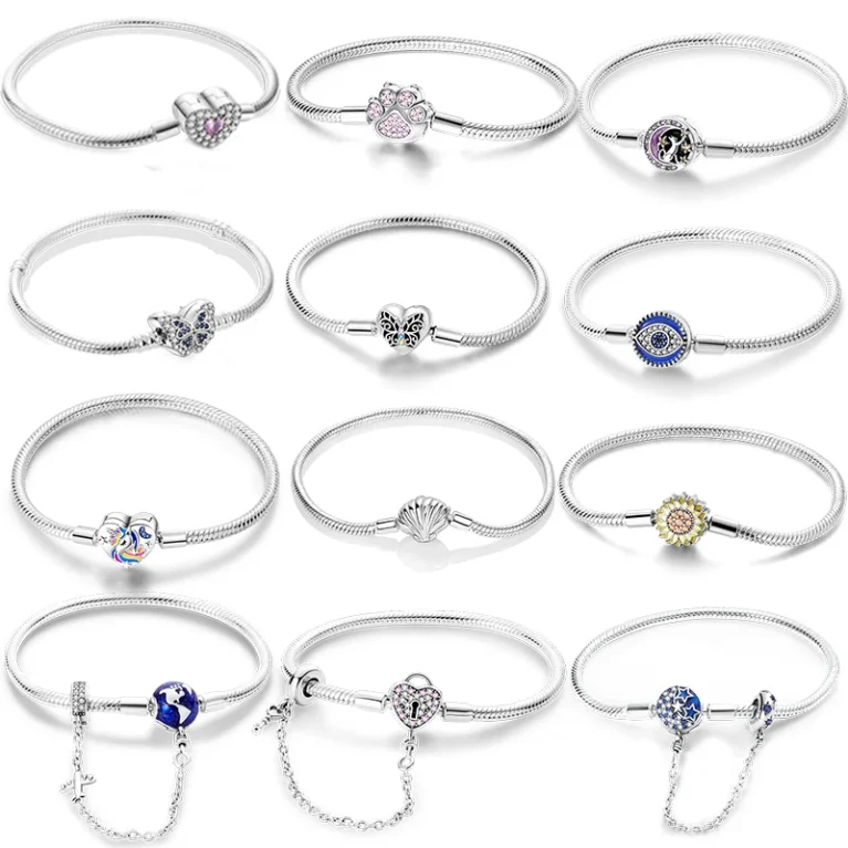 925 Sterling Silver 17-20cm Charms Bracelets Pink Heart Buttefly Daisy Clasp Snake Chain Origina Bangle For Womenl Jewelry Gifts