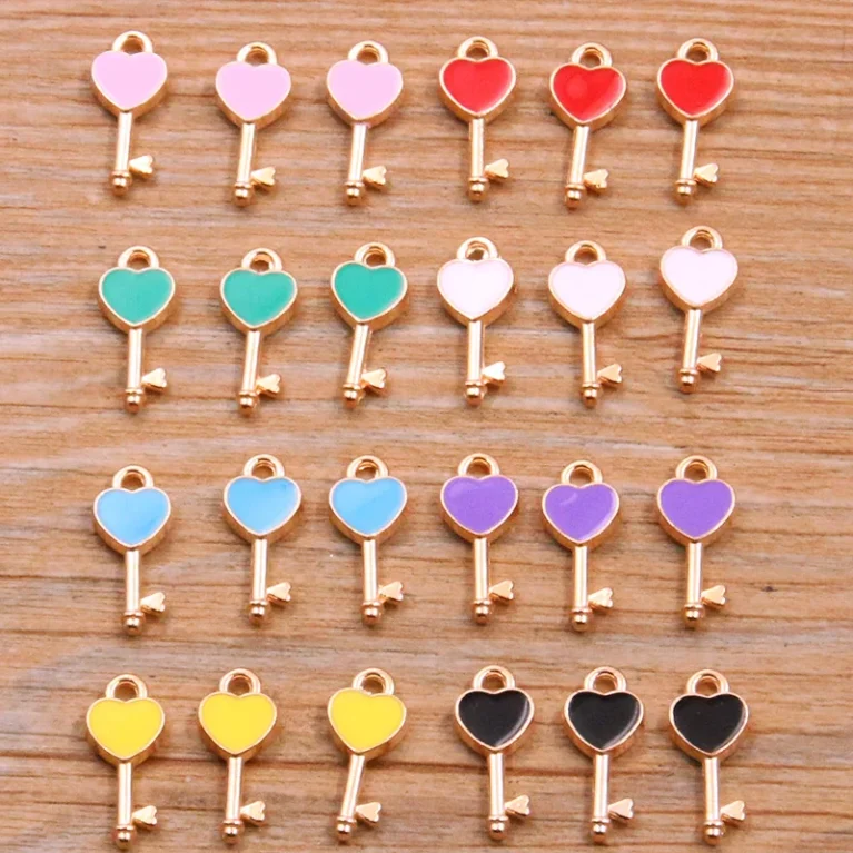 30Pcs 8 Color 7x16MM Alloy Metal Drop Oil Colorblock Key Charm Small Heart Pendant For DIY Bracelet Necklace Jewelry Making