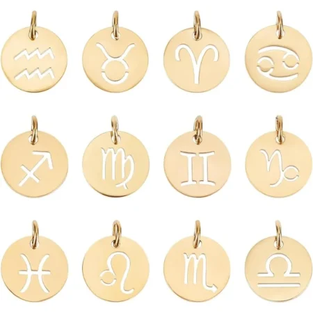 12pcs Stainless Steel 12 Constellations Charm Zodiac Sign Pendants Charms Golden 3mm Hole Flat Round with Constellation Pendant