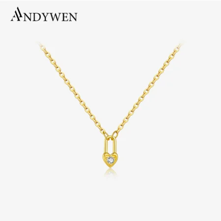 ANDYWEN 925 Sterling Silver Square Heart Padlock Necklace Women Drop Key Love Choker Luxury Wedding Jewelry 2022 Crystal