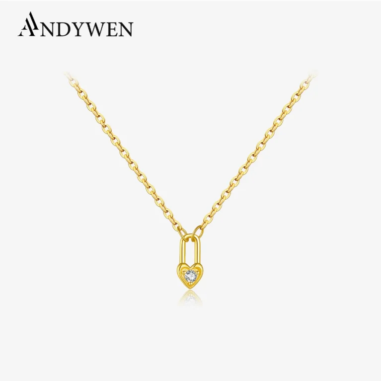 ANDYWEN 925 Sterling Silver Square Heart Padlock Necklace Women Drop Key Love Choker Luxury Wedding Jewelry 2022 Crystal