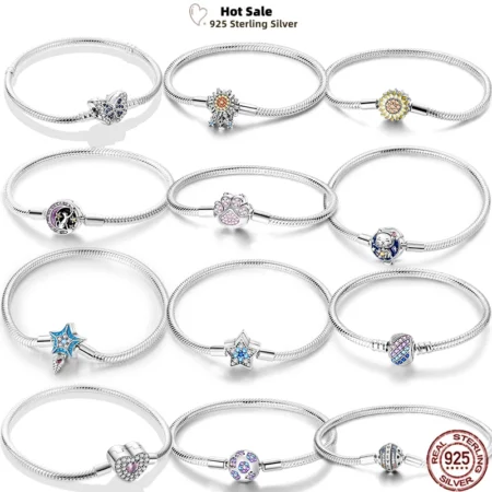 Women Bracelet 925 Silver 17-20CM Star Moon Heart Cat Paw Clover Zircon Luminous Charms Beads Bracelets Snake Chain DIY Jewelry