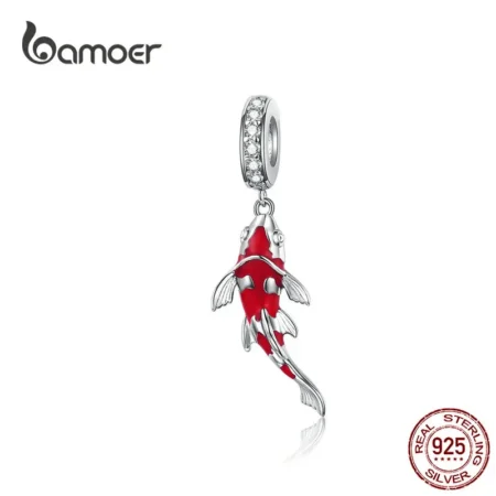 Bamoer 925 Sterling Silver Red Enamel Fish Pendant Lucky Koi Dangle Charm Fit Women Bracelet Necklace DIY Fine Jewelry BSC085