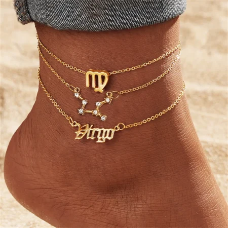 3Pcs/Set 12 Constellation Anklets For Women Gold Color Zodiac Signs Ankle Bracelet Barefoot Chain Summer Birthday Party Jewelry
