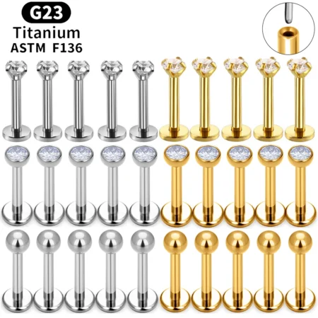 10PCS ASTM F136 G23 Titanium Piercing Labret Lip Ring Stud Earring CZ Ear Tragus Cartilage Helix Daith Pierc Jewelry 16/18/20g
