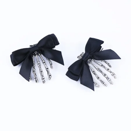 Trendy Black Ribbon Bowknot Skull Hand Hair Clip for Women Hair Hairpins Barrette Children Hair Halloween Punk Style Headwear