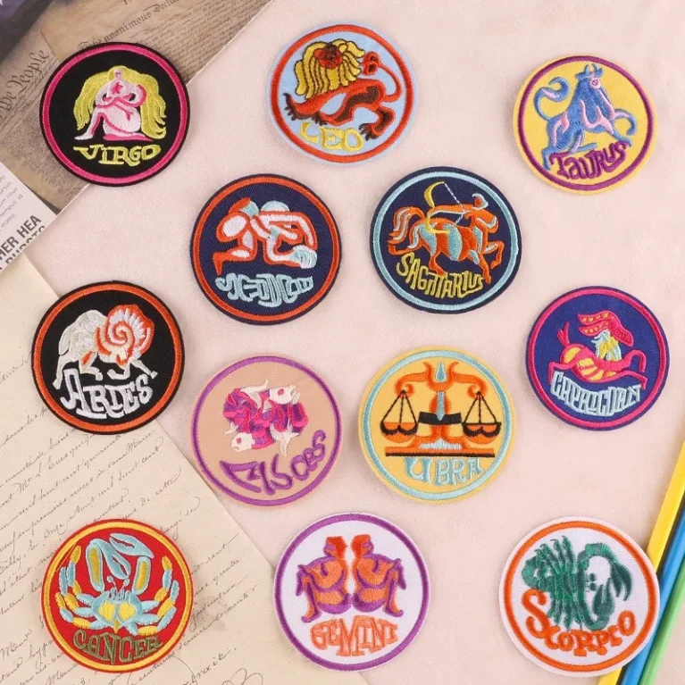 Embroidery Iron on Zodiac Patches Set Round Constellation Badges Gemini Virgo Cancer 12 Signs Emblem Personalized Iron Appliques