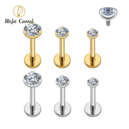 Right Grand ASTM F136 Titanium 2.5/3/4mm CZ Labret Stud 16G Tragus Helix Cartilage Conch Flatback Earlobe Piercing Body Jewelry