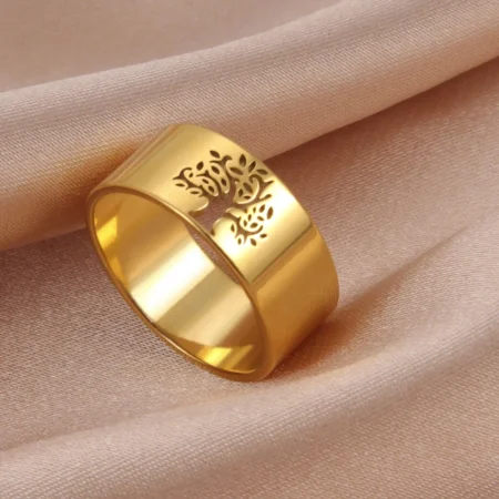 Fashion Hollow Tree of Life Wide Rings Women's Ring Stainless Steel Gold Color Finger Rings Simple Jewelry Anniversary Gifts