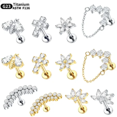 1PC Titanium Ear Piercing Cartilage Earrings Tragus Helix Pirsing Labret Piercing Cross Ear Lobe Lip Rings Daith Jewelry Women